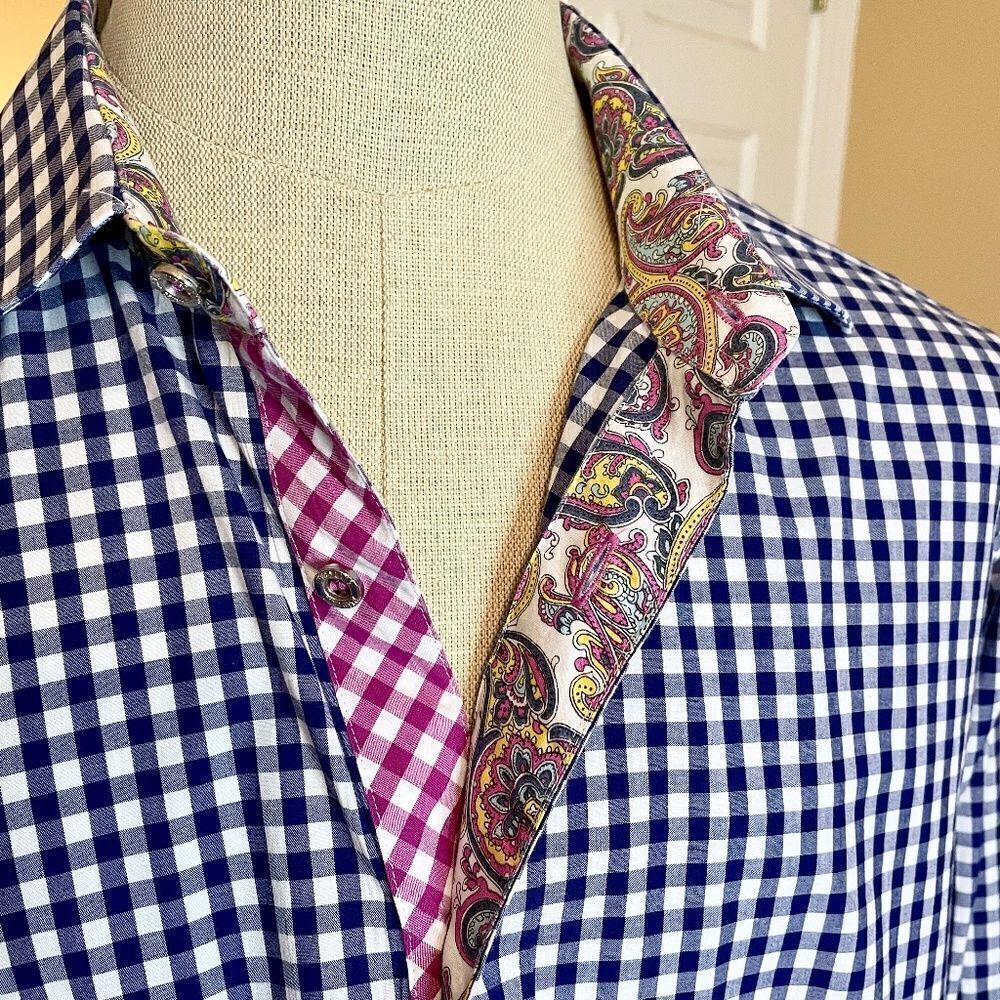Jared Lang Men's Gingham Check Shirt Size LARGE Contrast Cuff Lining EEUC
